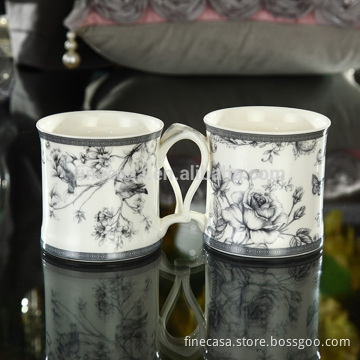 12OZ Elegant Grey Color Pattern Fine New Bone China Thick Ceramic Mug